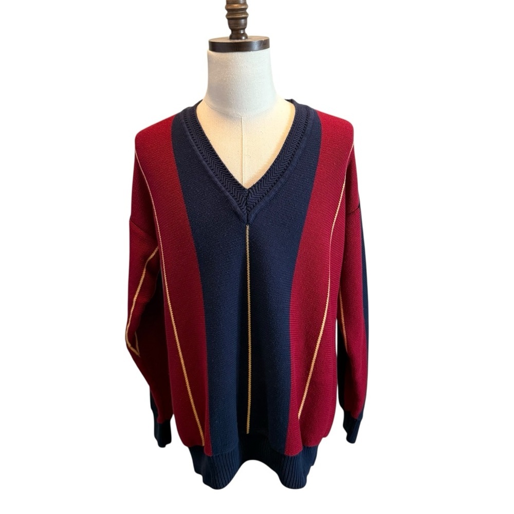 Vintage 90s Color Block Sweater Size XL Striped Navy Red V-neck Preppy Rugby